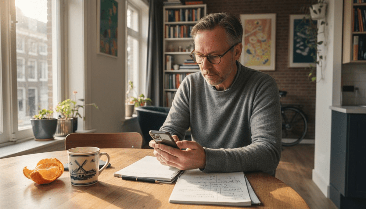 Man zit aan de keukentafel en toetst een internationaal nummer in op zijn telefoon.