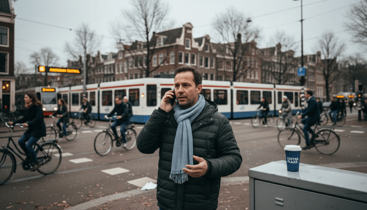Man staat te bellen met zijn mobiel midden op een druk Amsterdams kruispunt