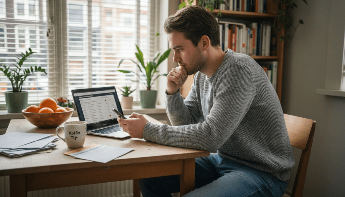 Jonge man vergelijkt verschillende internetabonnementen aan de keukentafel