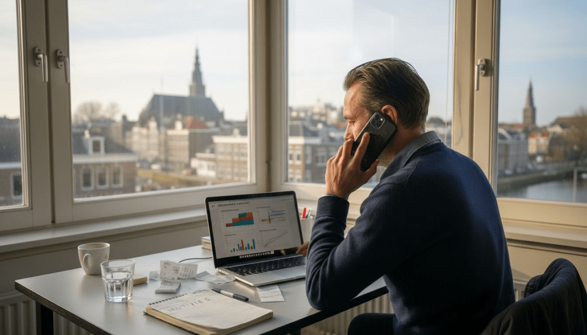 Man voert vanuit huis een internationaal telefoongesprek