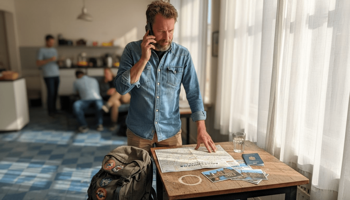 Man belt vanuit een zonnig hostel ergens in het buitenland