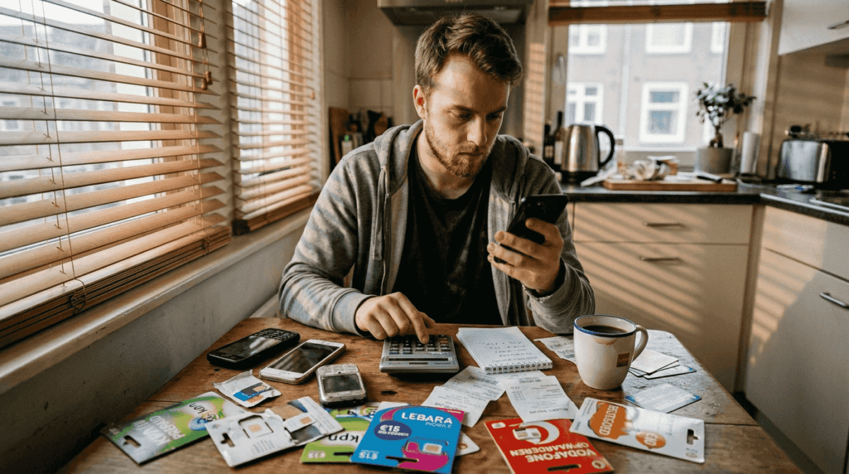 Een man die verschillende prepaid telefoons en hun tarieven naast elkaar legt om te kijken welke het beste bij zijn wensen past.