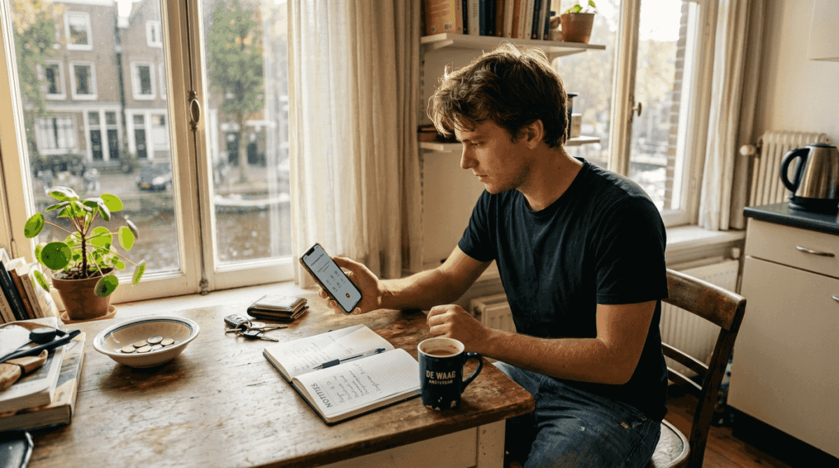 Een man zit aan tafel en bereidt een telefoongesprek met het buitenland voor.