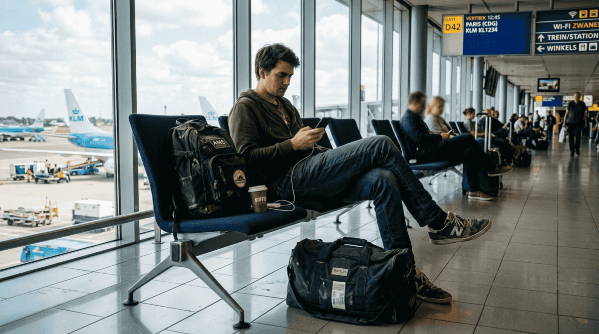 Een ps jonge reiziger kijkt op zijn telefoon terwijl hij op het vliegveld wacht.