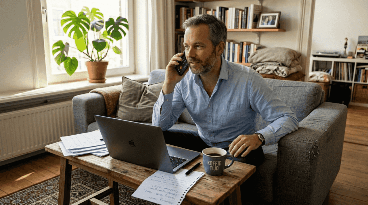 Een man belt vanuit huis kosteloos naar een 0800-nummer.
