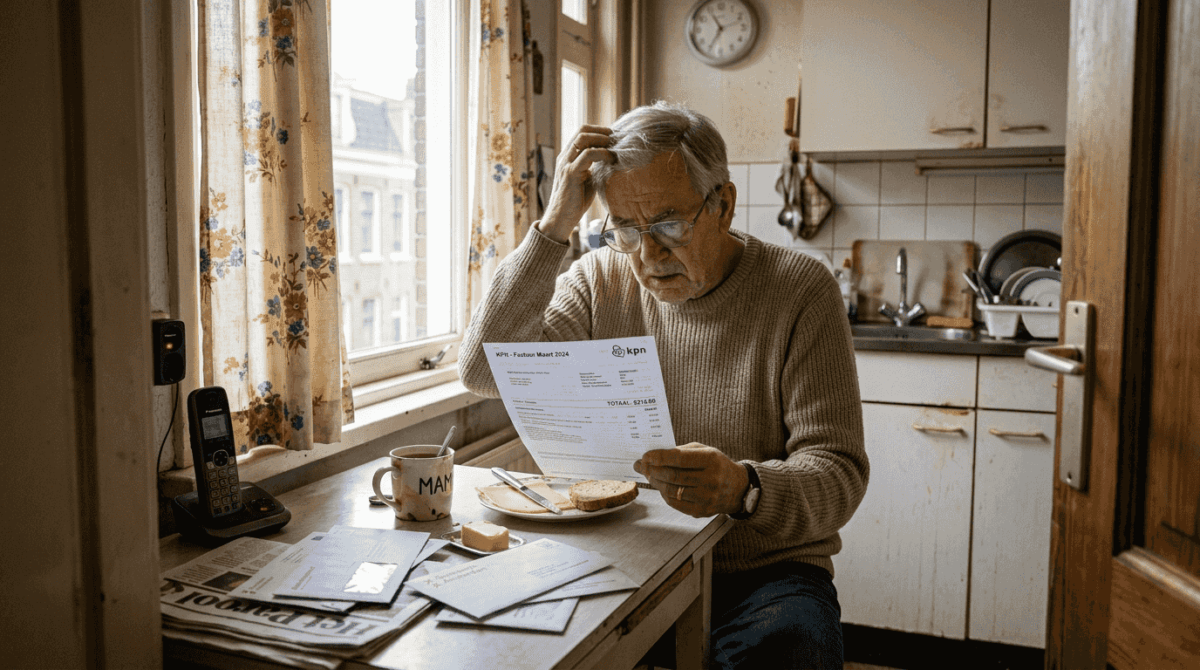 Een oudere man maakt zich zorgen over een torenhoge telefoonrekening.