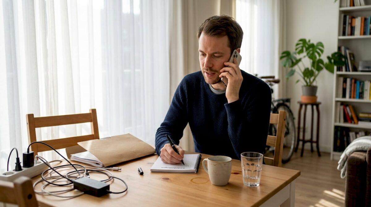 Man zit aan de keukentafel en belt met de klantenservice.