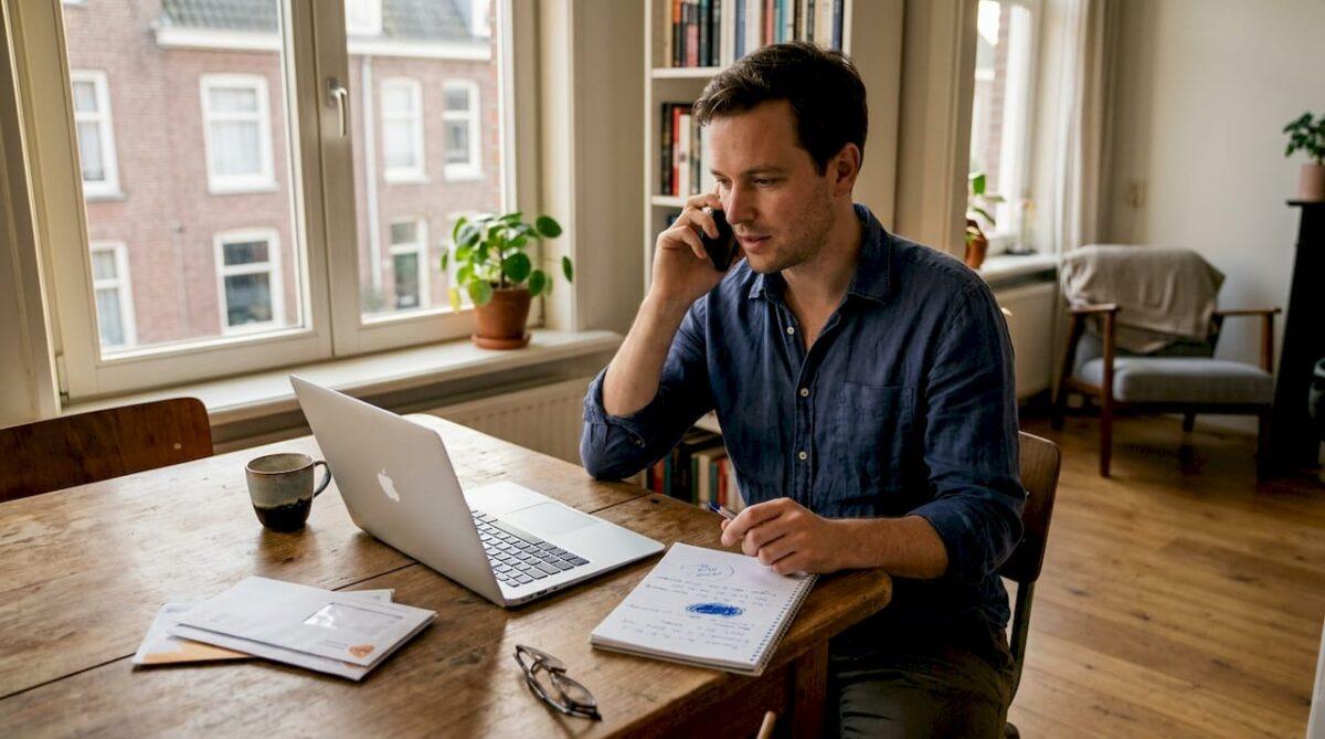 Man belt vanaf de keukentafel naar het buitenland.