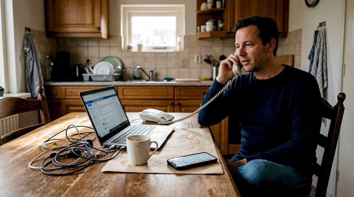 Man voert vanuit huis een internationaal telefoongesprek via de vaste lijn.