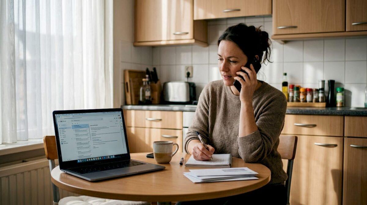Vrouw zit aan de keukentafel te bellen met de klantenservice