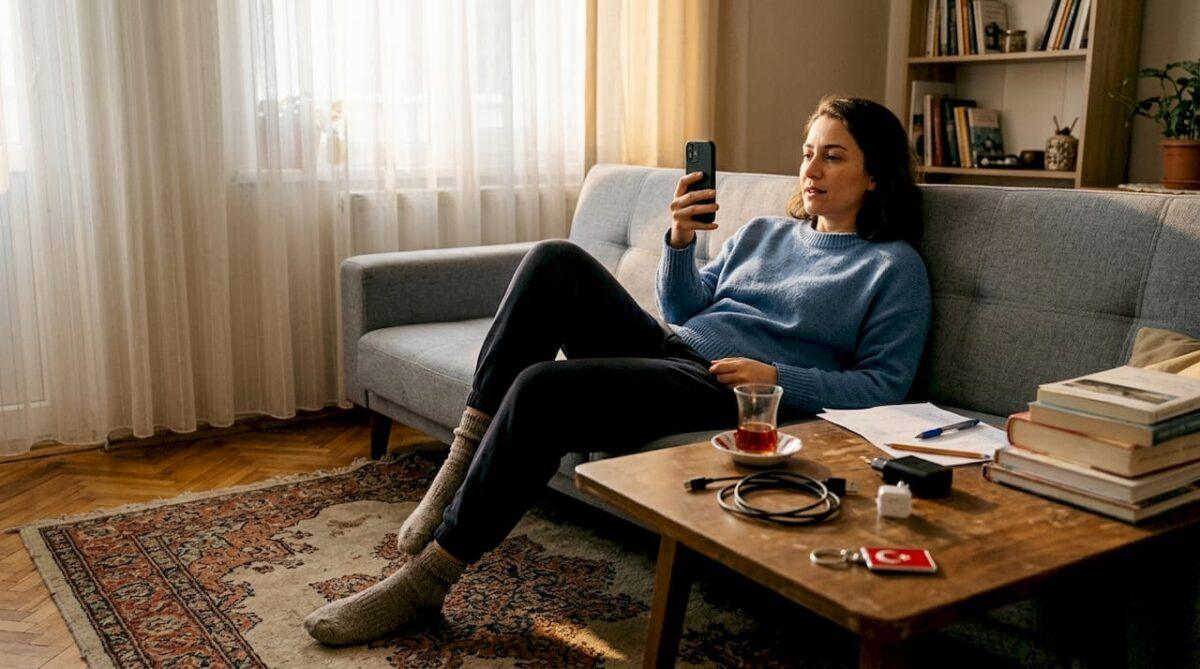 Een vrouw belt vanuit haar woonkamer naar Turkije.
