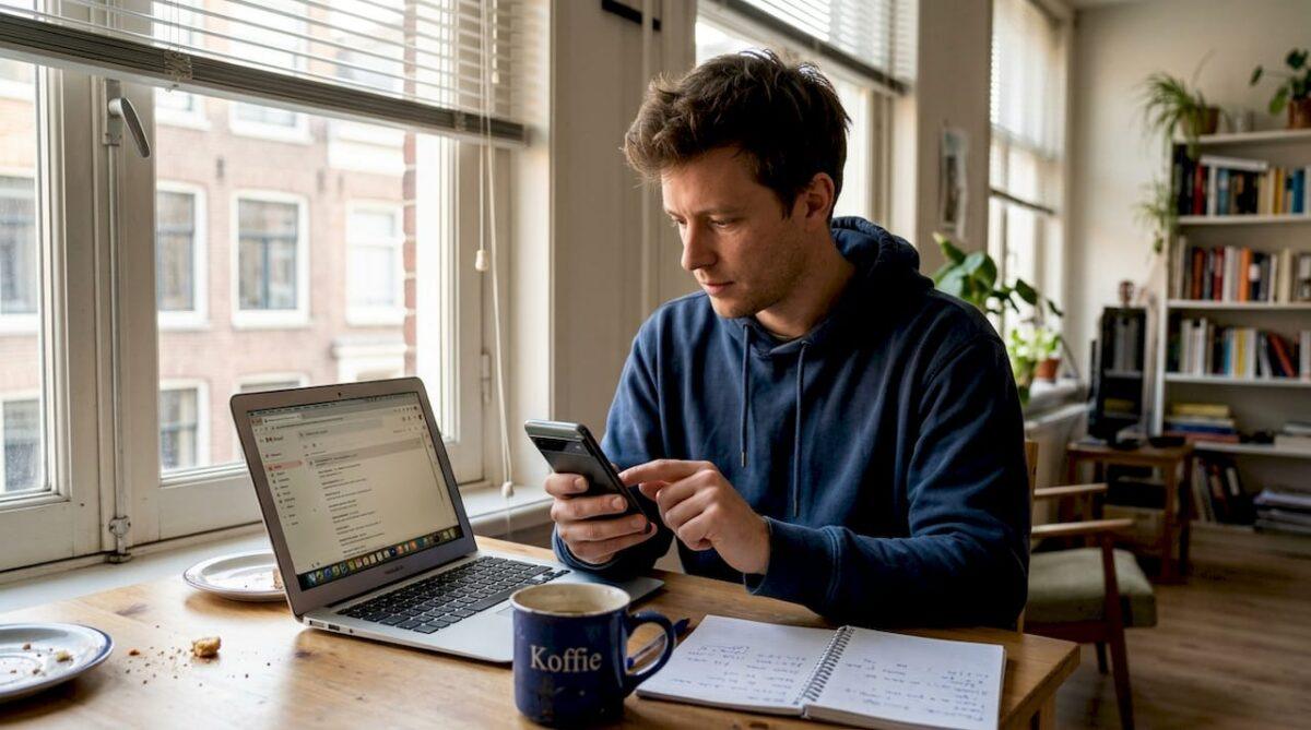 Man zoekt via zijn laptop aan de keukentafel naar een buitenlands telefoonnummer