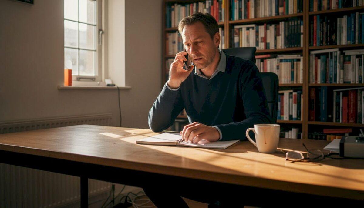 Man voert een telefoongesprek vanuit zijn thuiskantoor