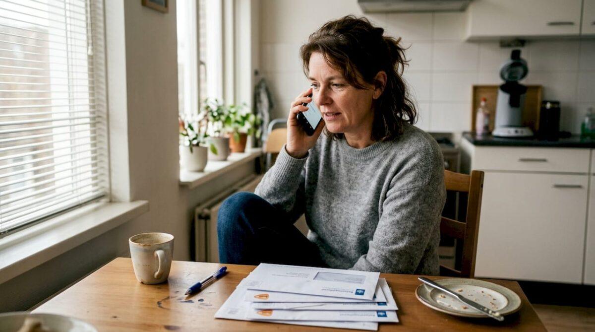 Een vrouw voert een telefoongesprek met een 0800-nummer terwijl ze in haar keuken staat.