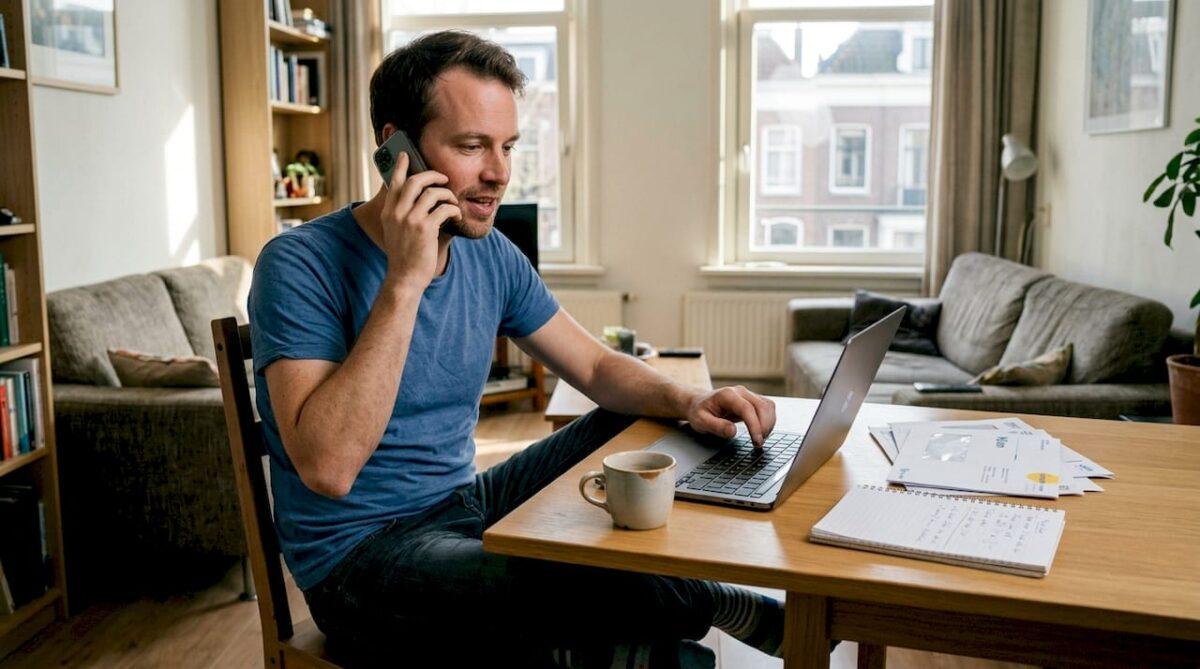 Man voert telefonisch overleg aan zijn bureau in de thuiswerkplek.