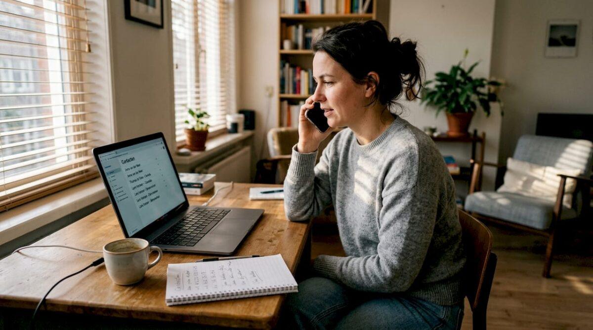 Vrouw zit thuis aan haar bureau en voert een internationaal telefoongesprek.