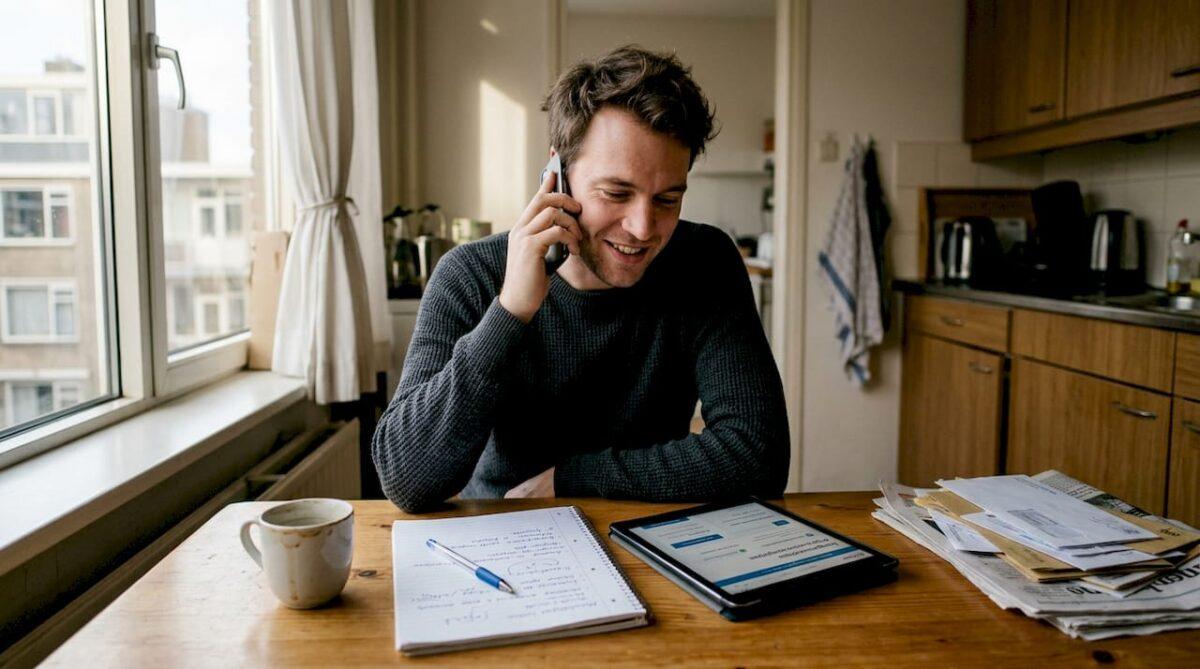 Een man belt vanuit de keuken met iemand in het buitenland.