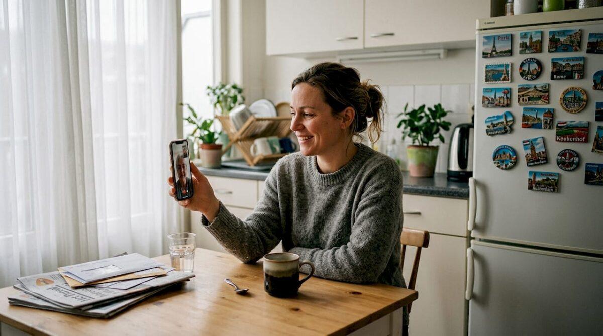 Een vrouw zit aan de keukentafel en belt via video met iemand in het buitenland.