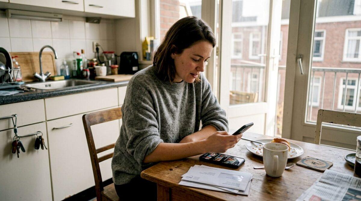 Een vrouw zit aan de keukentafel terwijl ze haar mobiele data gebruikt op haar telefoon.