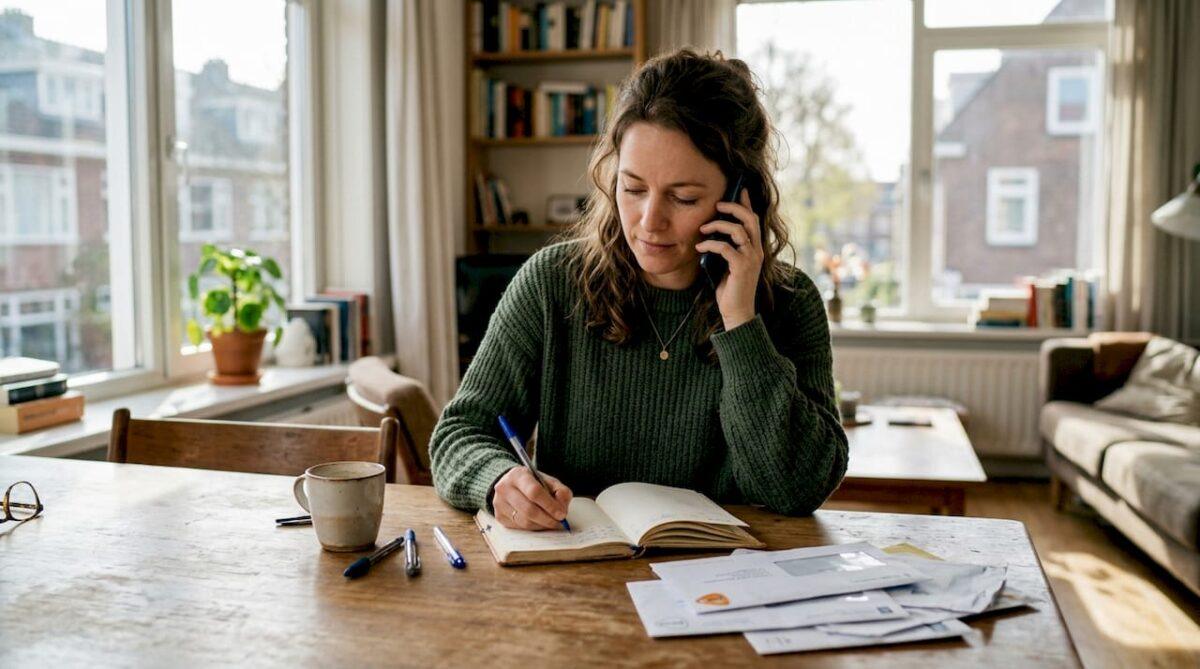Een vrouw voert aan tafel een internationaal telefoongesprek op haar mobiel.