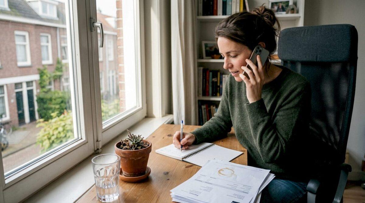 Thuis achter haar bureau neemt een vrouw contact op met de klantenservice.