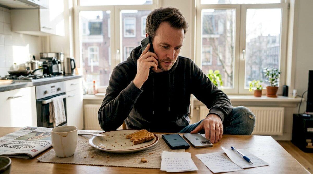 Een man bekijkt en vergelijkt verschillende telefoons terwijl hij aan het bellen is.