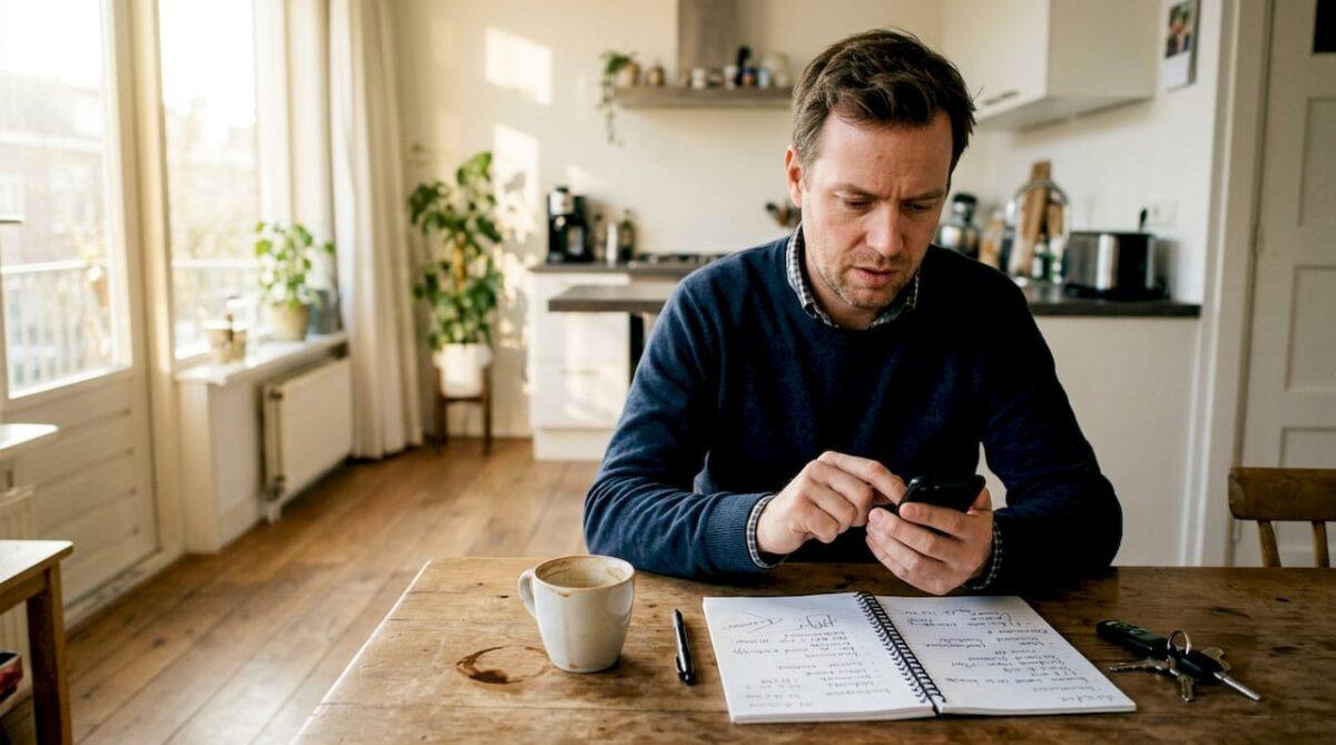Man bekijkt geblokkeerde oproep aan de keukentafel