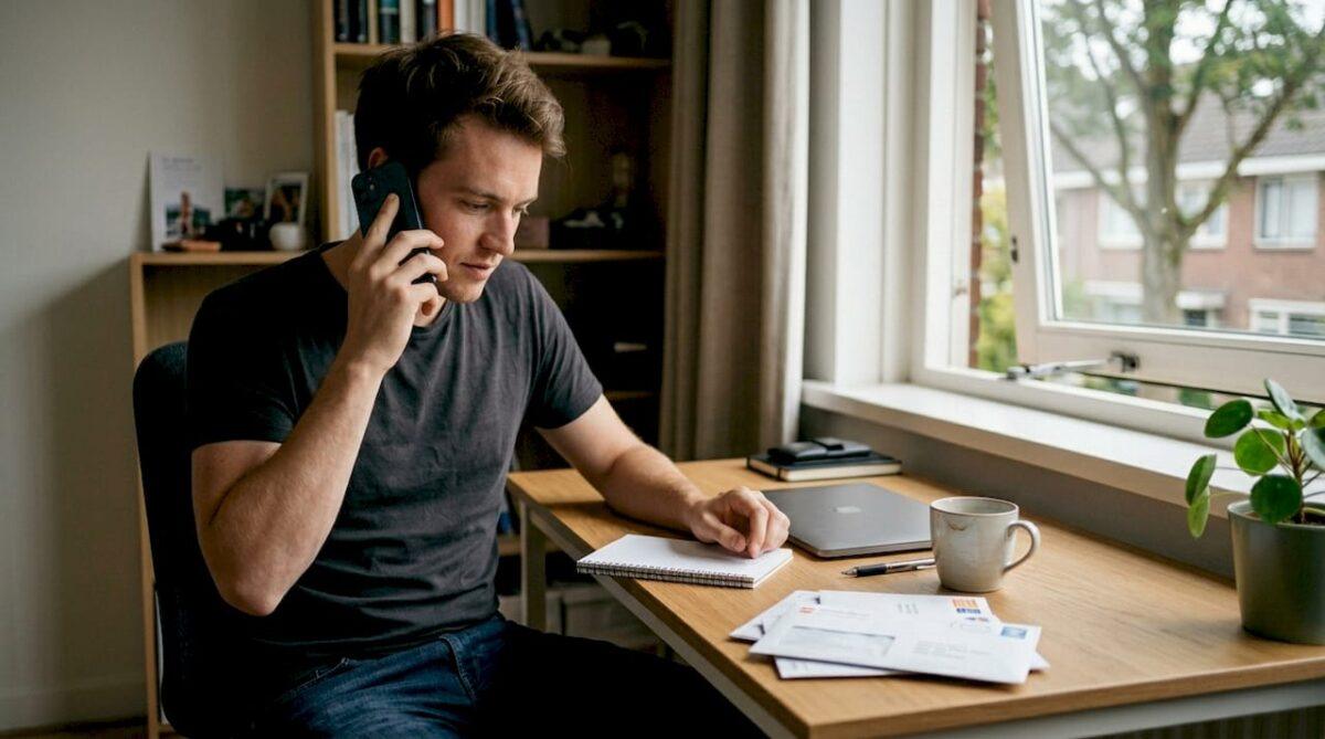 Jonge man voert een telefoongesprek aan zijn bureau