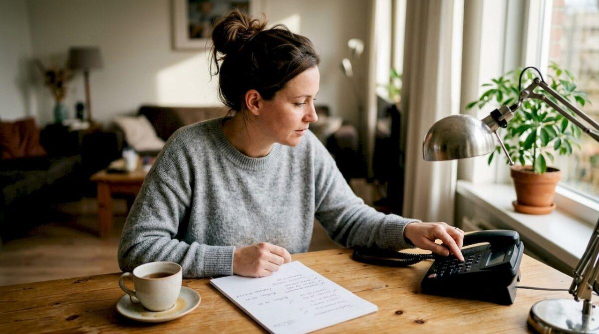 Vrouw voert zakelijk telefoongesprek vanuit haar werkplek aan de eettafel