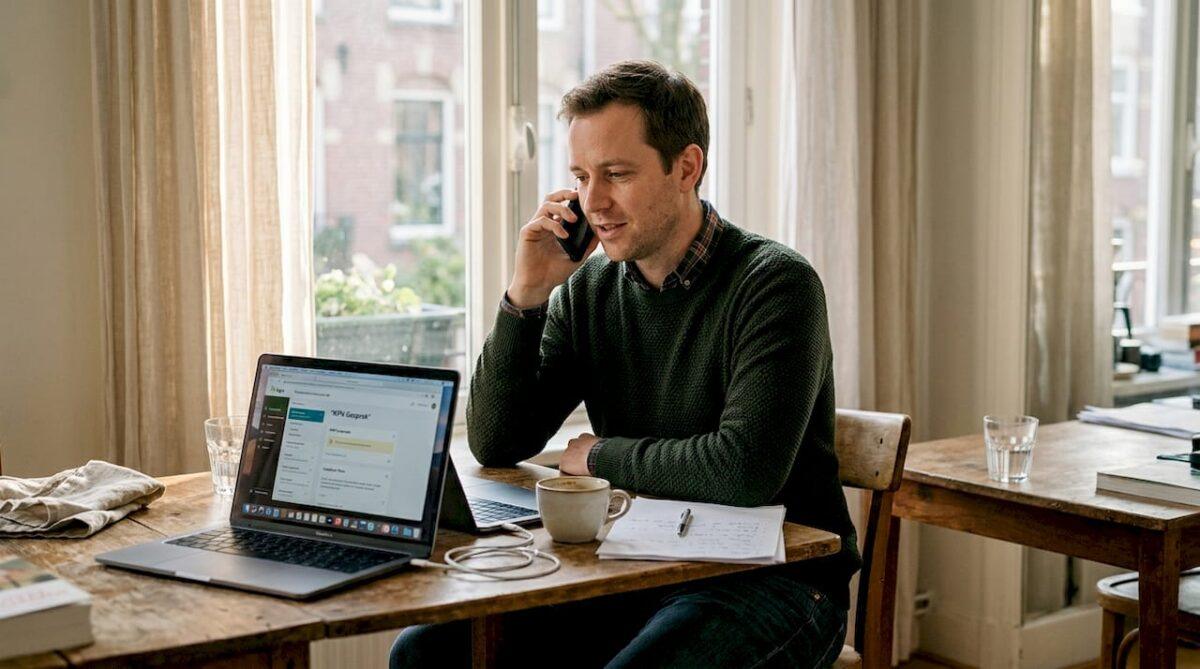 Man voert telefoongesprek via vaste lijn op zijn mobiel, zittend aan de keukentafel