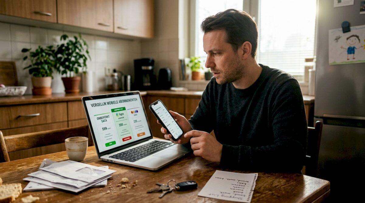 Man zit aan de keukentafel verschillende sim only-abonnementen met elkaar te vergelijken.