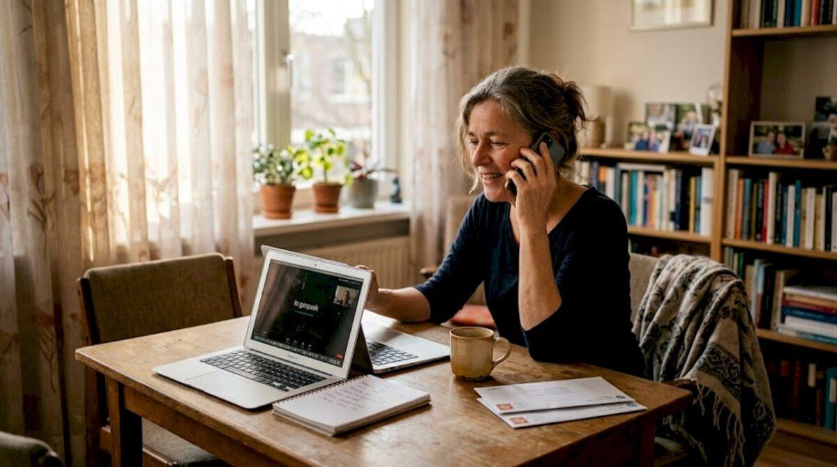 Een vrouw zit aan de keukentafel en belt naar een vast nummer.