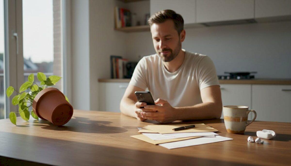 Man zit aan de keukentafel op zijn telefoon te internetten