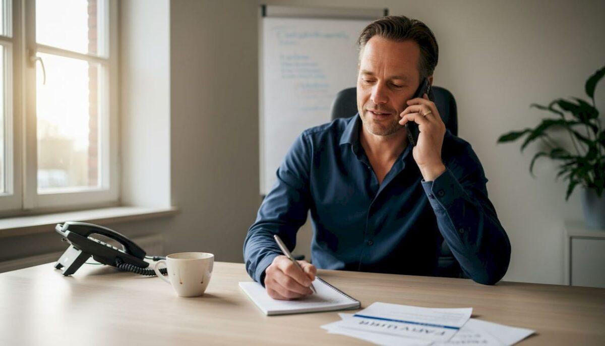Een ondernemer zit aan zijn bureau, voert een telefoongesprek en krabbelt tussendoor wat notities op.