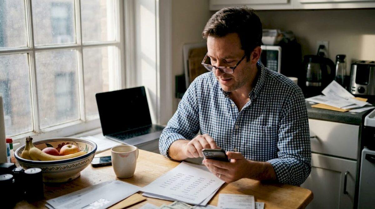 Een man zit aan de keukentafel en belt een zakelijk nummer.