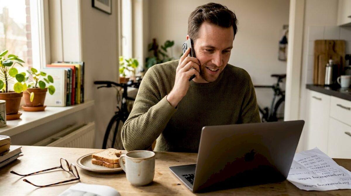 Een man zit aan de keukentafel, omringd door allerlei rommel, terwijl hij een internationaal telefoongesprek voert.