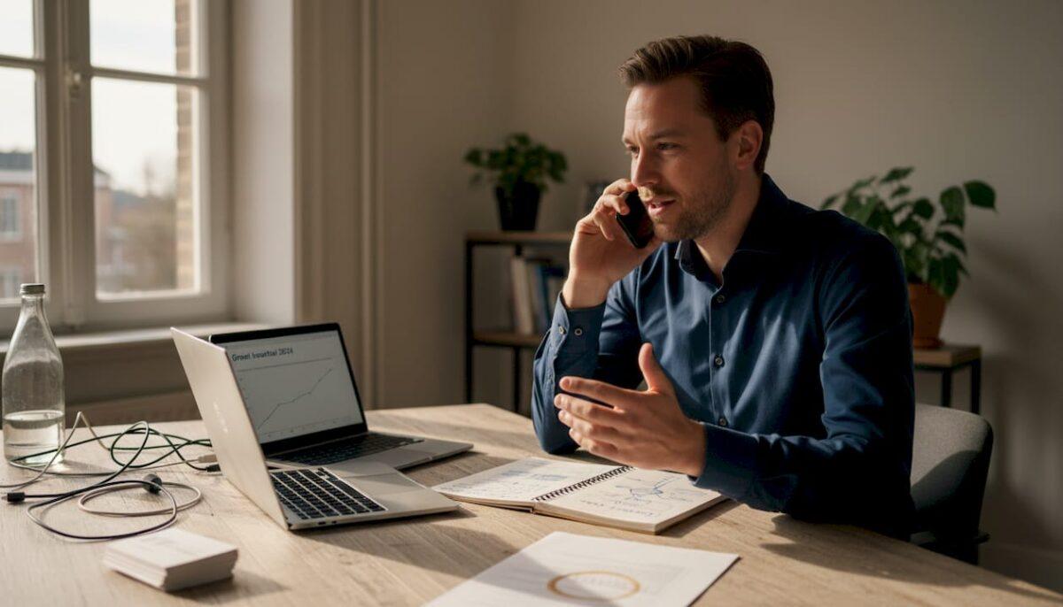 Een ondernemer voert een telefoongesprek op kantoor, terwijl zijn laptop open voor hem staat.