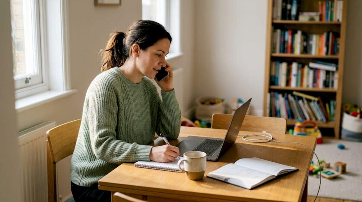 Vrouw voert een internationaal telefoongesprek aan de eettafel