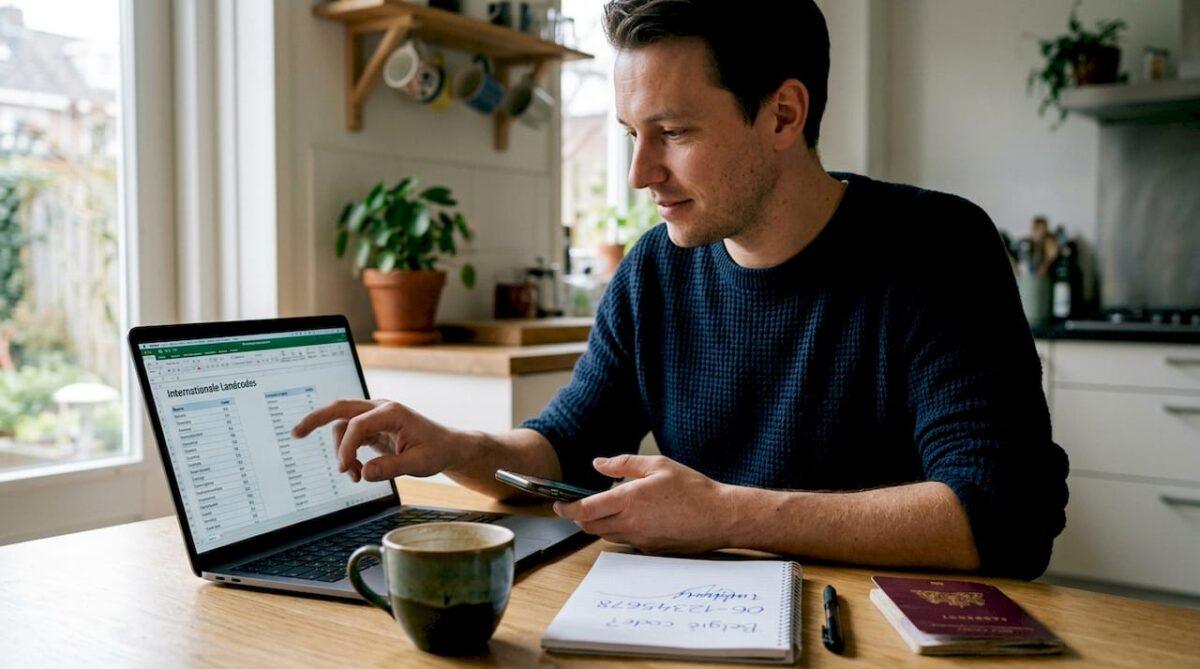 Man zoekt landcode op achter zijn laptop aan de keukentafel
