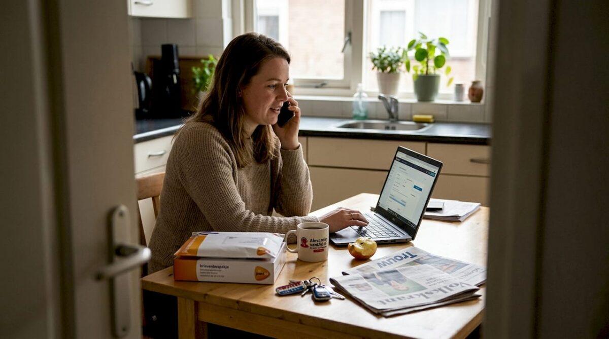 Een vrouw voert een internationaal telefoongesprek aan de eettafel.