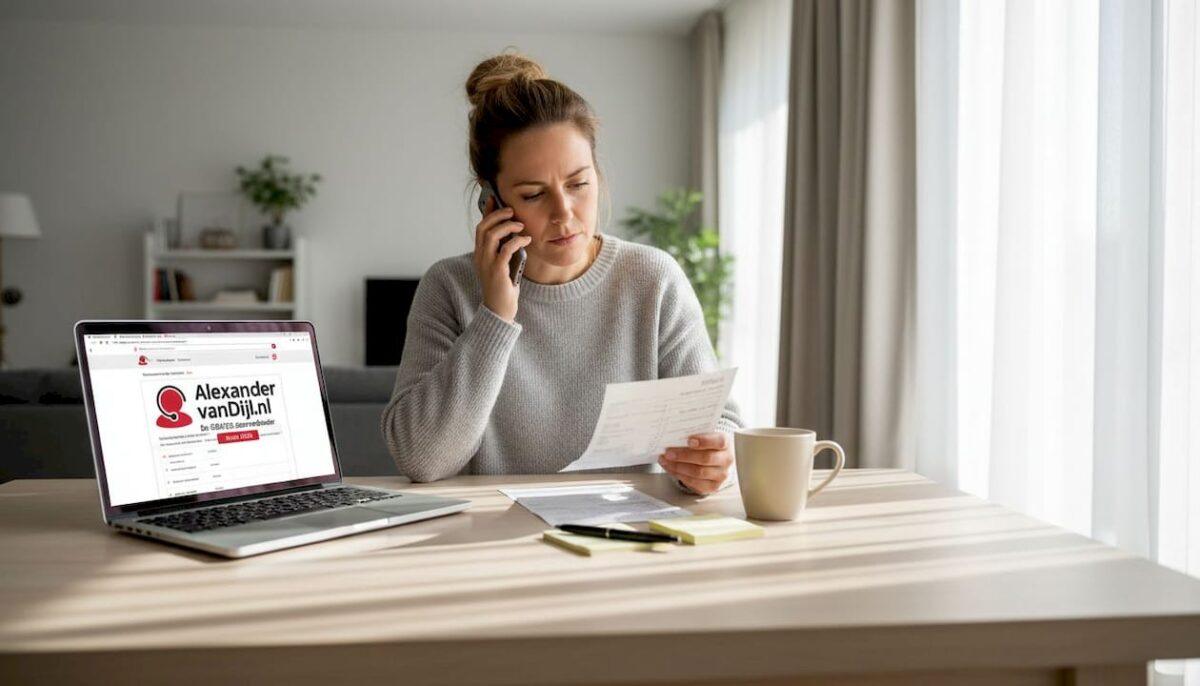 Vrouw bekijkt telefoonrekening thuis aan tafel