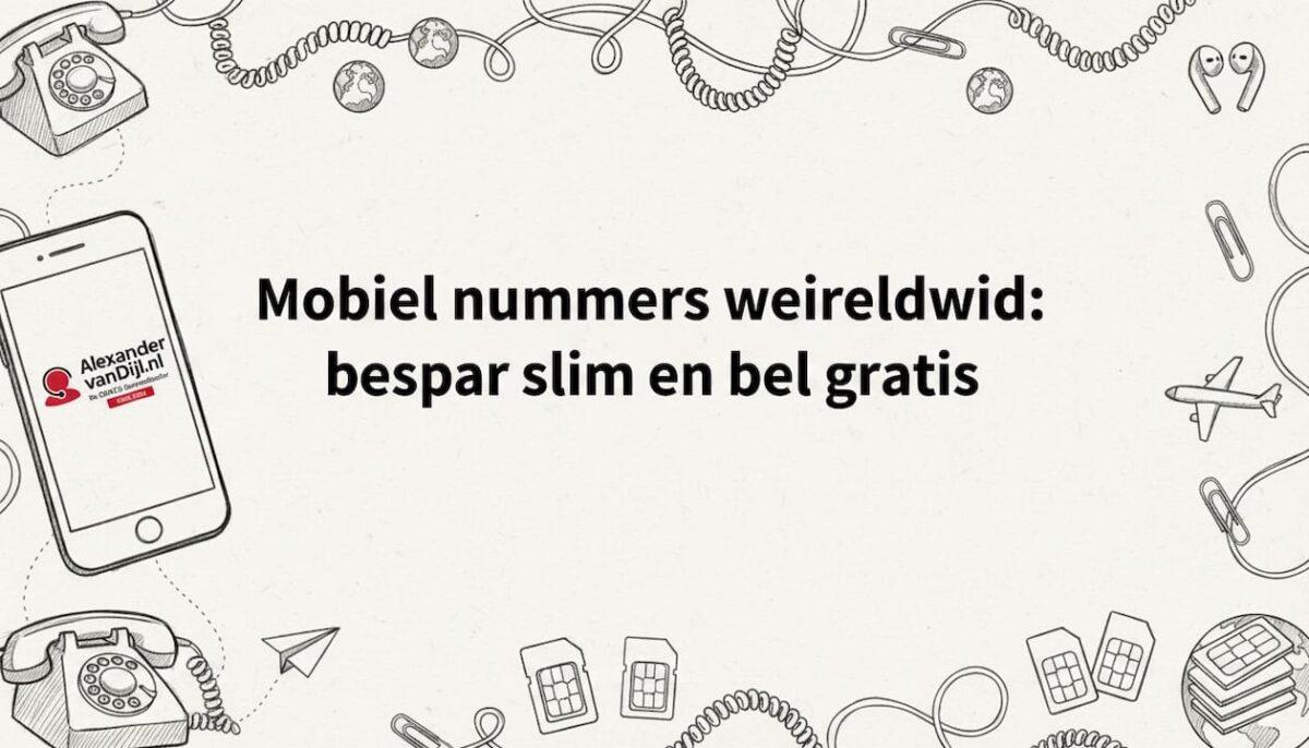 Sfeervolle illustratie met telefoons, simkaarten en een wereldbol verwerkt in de hoeken van het ontwerp.