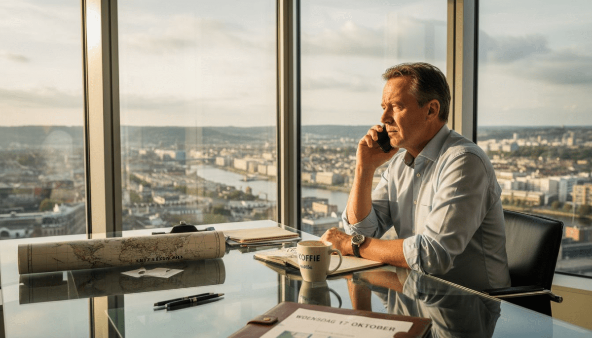 Man voert een internationaal telefoongesprek op kantoor.