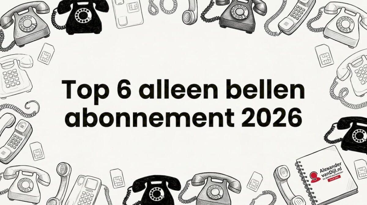 Met de hand getekende titelkaart, waarbij telefoons en simkaart-iconen speels rondom het midden zijn geplaatst.