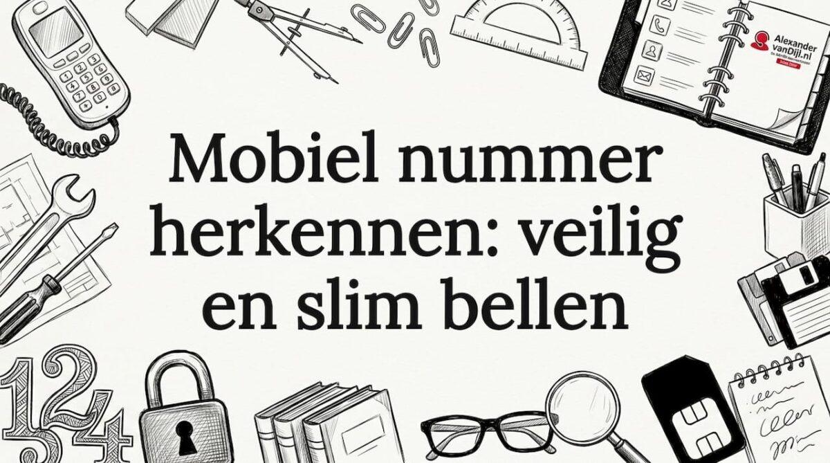 Met de hand getekende titelkaart met telefoons, simkaart, een hangslot en diverse icoontjes