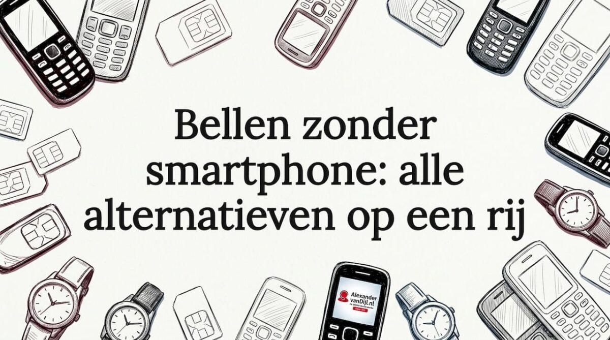 Sfeervolle blogtitelkaart met illustraties van telefoons, simkaarten en horloges langs de randen