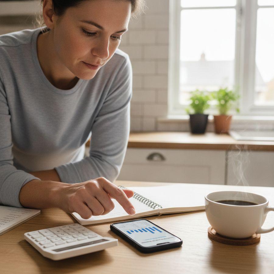 Handen vergelijken telefoonkosten met smartphone, notities en rekenmachine op tafel.