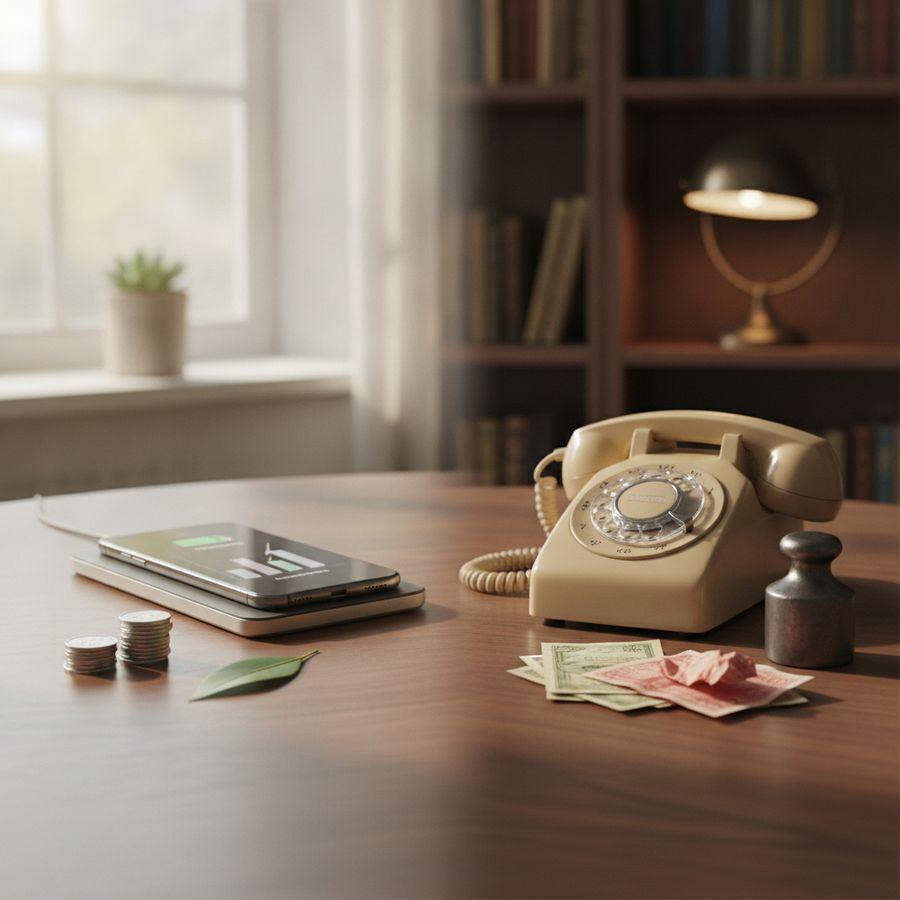 Smartphone en vaste telefoon op bureau bij vergelijking van belkosten