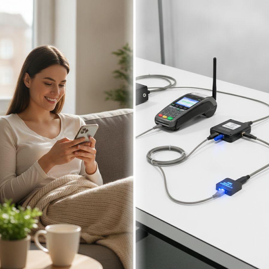 Persoon met smartphone naast betaalterminal, tracker en sensormodule in een lichte, realistische setting.