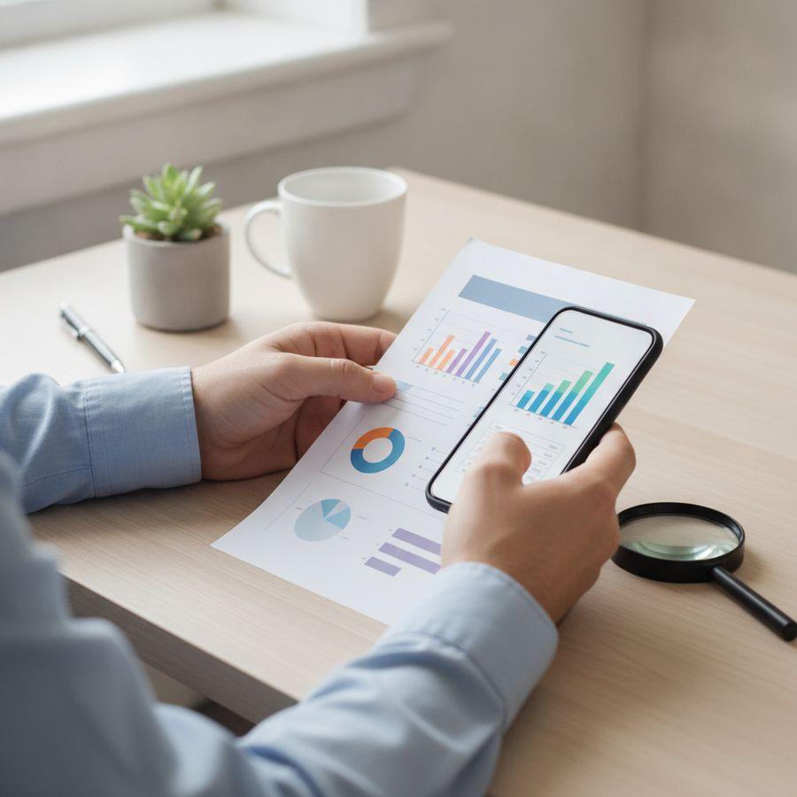 Handen bekijken smartphone en rekening aan een helder bureau met rustige, zakelijke sfeer.